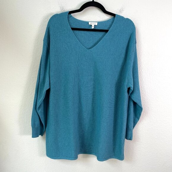 Ella Moss Womens Plus XXL Blue V Neck Long Sleeve Ribbed Sweater Knit Top - Picture 1 of 9